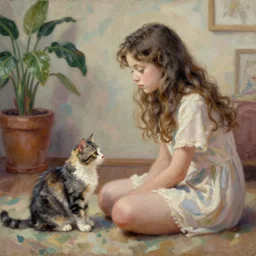 living room a girl beside cat, oil painting, intricate, dreamy aesthetic, highly detailed, by alena aenami
