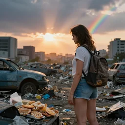 young woman minishort with backpack looking at food at garbage dump, destroyed cars, city is pure wasteland, moody sunset background, rays of sunlights, ( ( ( rainbow ) ) ), high details, sharp, photorealism, cinematic, greg rutkowski, alphonse mucha, trending on artstation, artgerm, unreal engine, highly detailed