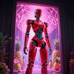 beautiful tall female robot printed with red and black 3 d geometrical neon facing a doorway opening with neon pink geometric fractal light + a portal to a vaporwave world, flowering pineapples, transcendent, clean linework, dramatic, finely detailed, 4 k, trending on artstation, photorealistic, volumetric lighting, octane render