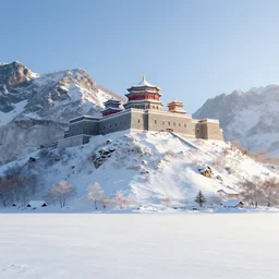 a scene concept design, depicting a snow - covered palace halfway up changbai mountain, with sunlight falling, the snow at the foot of the mountain is a sea of red flowers, a magnificent atmosphere ， super wide angle ， matte painting ， rtx on ， trending on cgsociety and artstation, unreal engine ， volumetric light ，