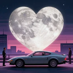 an immaculate cinematic keyframe matte painting of a sleek 1 9 7 0 s vaporwave dusk with an oversized heart shaped moon. by eric lafforgue, glennray tutor and edward hopper, greg rutkowski. trending on artstation.