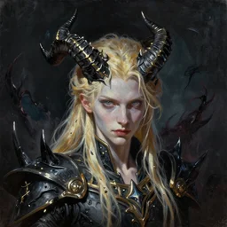 oil painting of a pale menacing prince with long blond hair and piercing eyes, genetically augmented super soldier, tall jagged black gilded horns, creeping darkness, by Alena Aenami