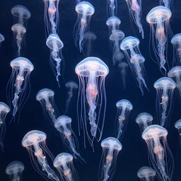 millions of luminescent jellyfish, style of Patrick Woodroffe, very delicate, illuminated from above, volumetric lighting, 8k post processing