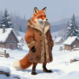 an anthropomorphic fox man wearing a long fur coat in a snowy village, character illustration by greg rutkowski, thomas kinkade, Howard Pyle, Cynthia Sheppard, James Gurney