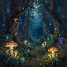 an enchanted forest at night illuminated by glowing mushrooms and bioluminescent plants, magical, awe inspiring, tim hildebrandt, wayne barlowe, bruce pennington, donato giancola, larry elmore, oil on canvas, masterpiece, trending on artstation, cinematic composition, beautiful lighting, sharp, details, hyper - detailed, hd, hdr, 4 k, 8 k