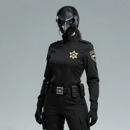 county sheriff female plague doctor, special operative, dons a black uniform and a plague crow mask, long sleeves, turtleneck, trending on artstation