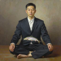 a stunning ultra realistic fine art painting of the world's greatest lawyer meditating on the floor, trout sticking out of pants,  studio portrait, vibrant colors, by Leng Jun's, 4K