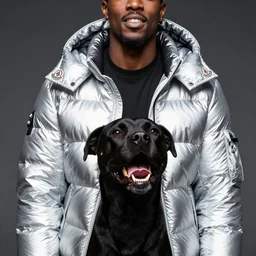 photo, black man, silver metallic moncler jacket, baring his teeth like a dog