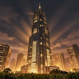 a large cyberpunk skyscraper glows at night in the city, cinematic view, epic sky, detailed, concept art, low angle, high detail, warm lighting, volumetric, godrays, vivid, beautiful, trending on artstation, by jordan grimmer, huge scene, grass, art greg rutkowski