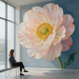 closeup, huge flower head, woman sitting on chair by a modern window, surreal photography, studio light, impressionist painting, digital painting, artstation, simon stalenhag