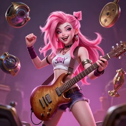 playful seraphine, from league of legends, rockstar, pink hair, powerful, new musical instruments, hyper detailed, digital art, trending in artstation, cinematic lighting, studio quality, smooth render, unreal engine 5 rendered, octane rendered, art style by klimt and nixeu and ian sprigger and wlop and krenz cushart