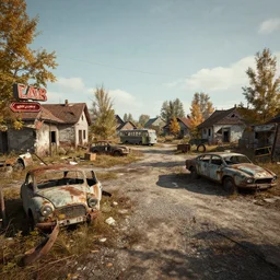 low wide angle shot of dilapidated fallout 5 europa, temperate european hamlet, desolate, dilapidated neon signs, few rusted retro futuristic vintage parked vehicles like cars, ( ( ( ( buses, trucks, trams ) ) ) ), volumetric lighting, photorealistic, daytime, autumn, sunny weather, sharp focus, ultra detailed