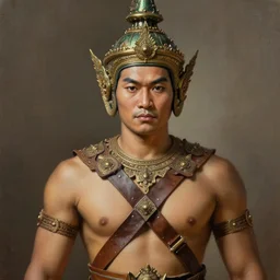 smart tai warlord, closeup portrait, historical hero, ethnic group, sukhothai costume, thai bronze headdress, intricate, with leather armor cross on bare chest, elegant, loin cloth, highly detailed, oil painting, artstation, concept art, matte, sharp focus, illustration, hearthstone, art by earl norem
