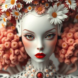 beautiful porcelain ivory fair skin woman, red plump lips, round well - defined dark hazel eyes, biomechanical cyborg, h. r. giger, elegant haute couture, iris van herpin, laser cut paper, headdress with daisies, colorful puffballs, mushrooms, rhizomorphs, brackets, fractal sponge corals, monochromatic, hyper detailed, ultra sharp, soft light