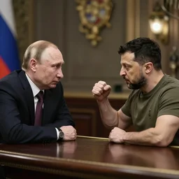 Vladimir Putin and Vladimir Zelensky fight in a bar, photorealistic