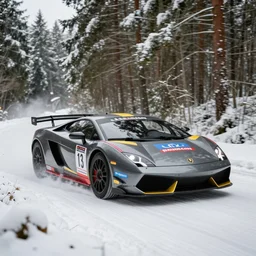 a 2 0 1 1 lamborghini gallardo lp 5 6 0 - 4 gt 3, racing through a rally stage in a snowy forest