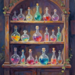 Close-up of a potion's store, pastel painting, high fantasy, colorful, rgb, dark, beautiful, trending on artstation