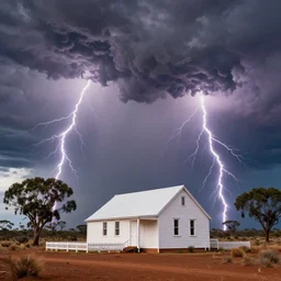 massive australian thunderstorm with lightning and demons approaching a small white wooden church in the outback