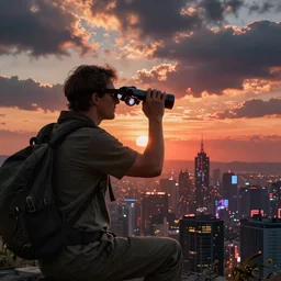 wanderer with night vision goggles, dramatic light, sunset, cyberpunk city in the background, gorgeous view, depth, painted by Caspar David Friedrich, clouds, tending on artstation