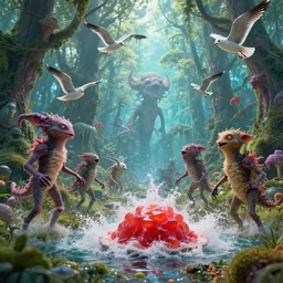strange creatures wandering The Grove, And the flung spray and the blown spume and the seagulls crying, jellymeat, cinematic, hyper realism, high detail, octane render, unreal engine, 8k, vibrant color, Cthylla's laboratory!, fake 3D meshes!!, living in the database!!!, by andrea chiampo and chet zar