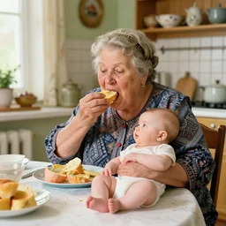 hyper realistic hight detailed grandmother with a big mouth eating babies on the table in the russian kitchen, style by norman rockwell, bright colors, 4 k, 1 6 k, 3 2 k