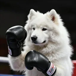samoyed dog head on a human body as a muay thai kickboxer, gloves on hands, world championship fight, photorealistic, cinematic lighting, film still