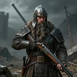 an analog video footage of a high fantasy ww 1 dwarven soldier posing with a heavy shotgun in the style of dark fantasy art trending on artstation deviantart pinterest detailed high resolution hd 8 k