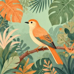 mot mot bird in the rainforest with tropical leaves, in an art noveau style, with oranges, greens and pastels