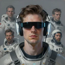 future coder man looking on, sleek cyclops display over eyes and sleek bright headphoneset, neon accent lights, desaturated headshot portrait painting by dean cornwall, rhads, john berkey, tom whalen, alex grey, john james audubon, donoto giancola, astronaut cyberpunk electric fashion photography