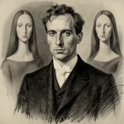 charcoal drawing portrait of a man with black suit by hopper, and rene magritte. detailed, high contrast, enchanting, trending on artstation.