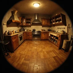 emmo dark, fisheye, extra narrow, curved perspective, nightly volumetric lighting, top light, antoni gaudi, naive, old kitchen, large floor, by rhads, goya painting, warm tones