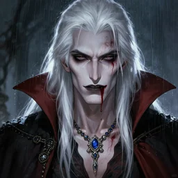 a male elder vampire, white long hair, jeweled necklace, blood next to lips, pale, cloaked, scarred, wet, raining, close up, rim lighting, portrait, sinister atmospheric lighting. highly detailed painting by greg rutkowski, anime style