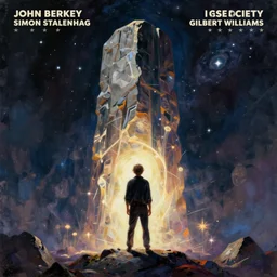 a painting of a man standing in front of a giant monolith, poster art john berkey and simon stalenhag and gilbert williams, cgsociety, space art, lovecraftian, cosmic horror, poster art