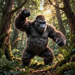 king kong in a forest knocking down trees