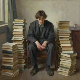 oil painting of someone sitting in a big room, realistic sad face, surrounded by piles of books.