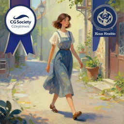 a painting of a woman walking down a street, a storybook illustration by Kaja Foglio, cgsociety contest winner, fantasy art, storybook illustration, official art, polycount