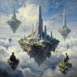 cinematic view of a science - fiction cloudscape, surreal, masterpiece, floating islands with futuristic skyscrapers, tim hildebrandt, wayne barlowe, syd mead, john harris, bruce pennington, donato giancola, larry elmore, oil on canvas, artstation, pixiv, cinematic composition, dramatic, beautiful lighting, sharp, details, hd, hdr, 4 k