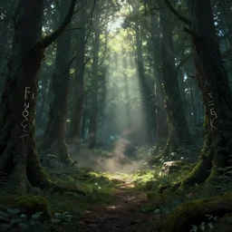 an ecological gothic scene, witch runes in the deep forest, magical clearing, sunshafts, dramatic lighting, dust mites floating in the sunlight, 4 k digital concept art