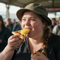film still close - up shot of fat greta thunberg wearing a hat giving a speech in a crowded train station eating sweetcorn pizza, sweating, smiling, the sun is shining. photographic, photography
