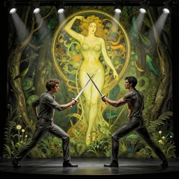 two guys fight toothpicks like swords, rebirth of nature concept art by artgerm, tooth wu, dan mumford, beeple, rossdraws, james jean, marc simonetti and alphonse mucha. just one lonely black tape project attctive showgirl!! full body!! contour light effect!! hd, 4 k, stage light. octane render. sharp edge. ultra clear detailed