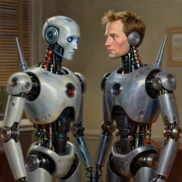 an episode of frasier, but frasier and niles are bio - mechanical robots. intricate detail, volumetric shadows and lighting, realistic oil painting by tim hildebrandt,