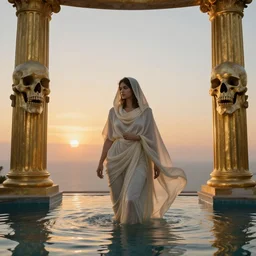 A woman wrapped in billowing veils in water under two gilded Roman columns made of human bones, sunset, super photo-realistic