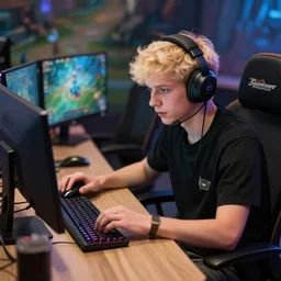 a blonde guy is playing league of legends like a nerd