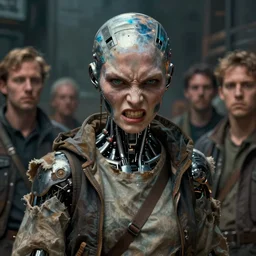 a fine portrait of a humanoid hermaphrodite cyborg with worn clothes and a face with rebellious anger and hatred against the oppressors and authoritarians, his goal is to free art from the clutches of the technological global establishment, cyber punk dystopian utopic futuristic conceptual extraterrestrial of free art