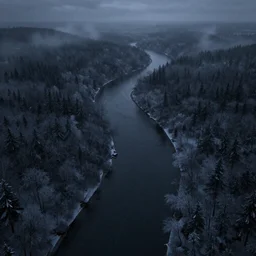 high altitude aerial view of a long sinusoidal dark river through a winter forest at night, foggy, 3 d photorealistic octane render, 8 k, sharp focus, dramatic lighting, night lighting, renaissance painting, by michael kutsche, by artgerm and tim burton