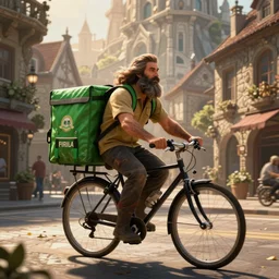 a bearded and long haired bicycle food delivery worker with a green bag on his back in Europe, hearthstone art style, epic fantasy style art by kim jung gi, fantasy epic digital art