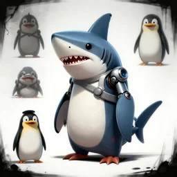 anthropomorphic robot shark penguin, horror game, concept art