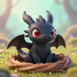 a portrait of a cute happy tiny black chibi dragon in a nest, red eyes, artstation, by magali villeneuve, depth of field, dreamworks, beautiful lighting, pastel colors, bokeh, fantasy art