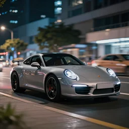 photo of a porsche 911 at night in a city, dof, chromatic aberration, cinematic, 4k
