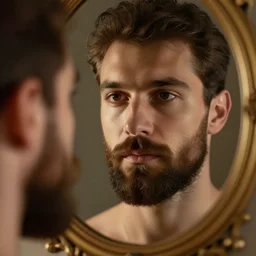 face with beard coming through face with beard in mirror